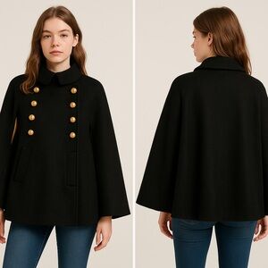 Vintage‎ 60s 70s NL Black Wool Poncho Cape with Gold Buttons Sz. OSFM